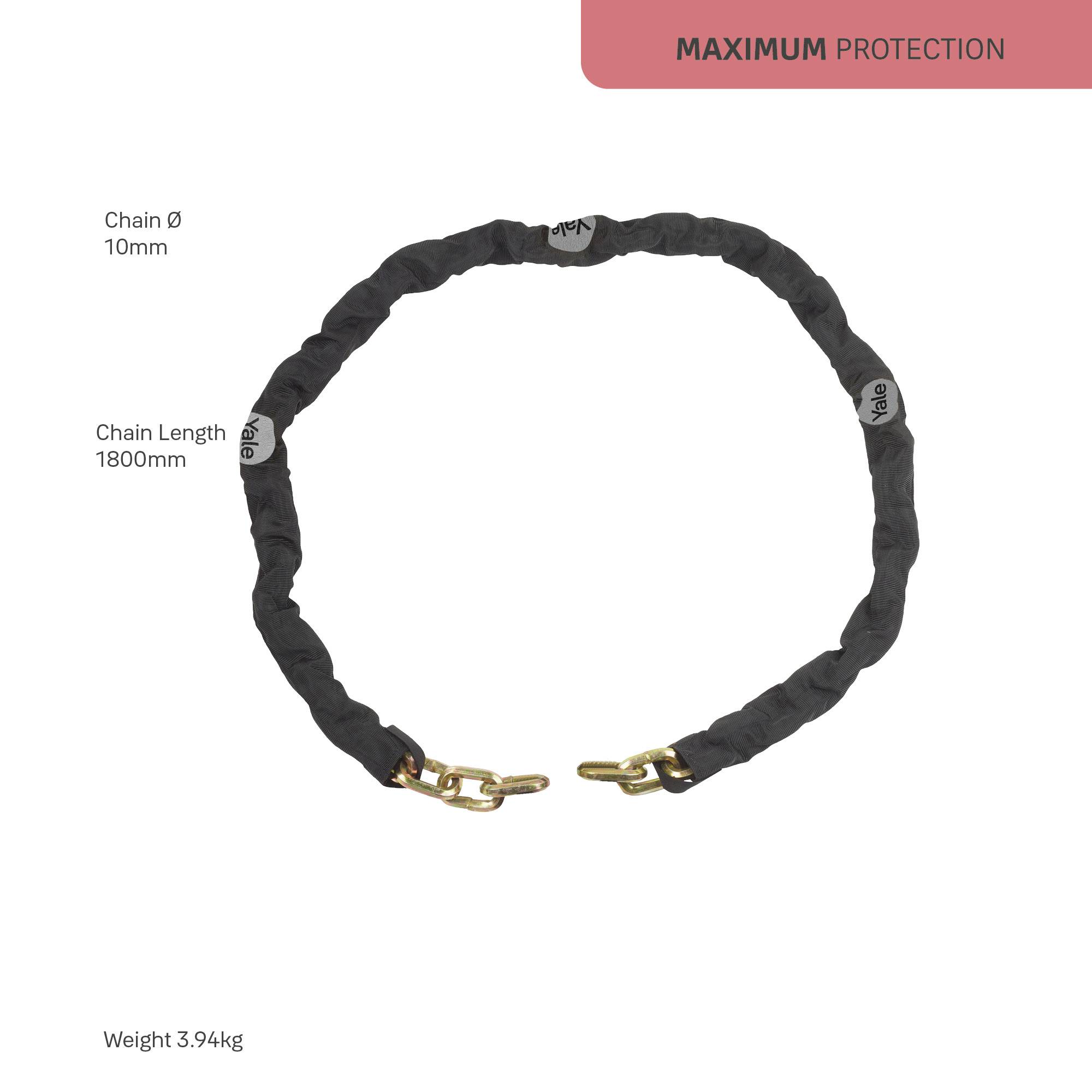 L'image montre une chaîne noire avec des fermoirs dorés, d'un diamètre de 10 mm, d'une longueur de 1800 mm. Texte en haut à droite : 'MAXIMUM PROTECTION'. Poids 3,94 kg.