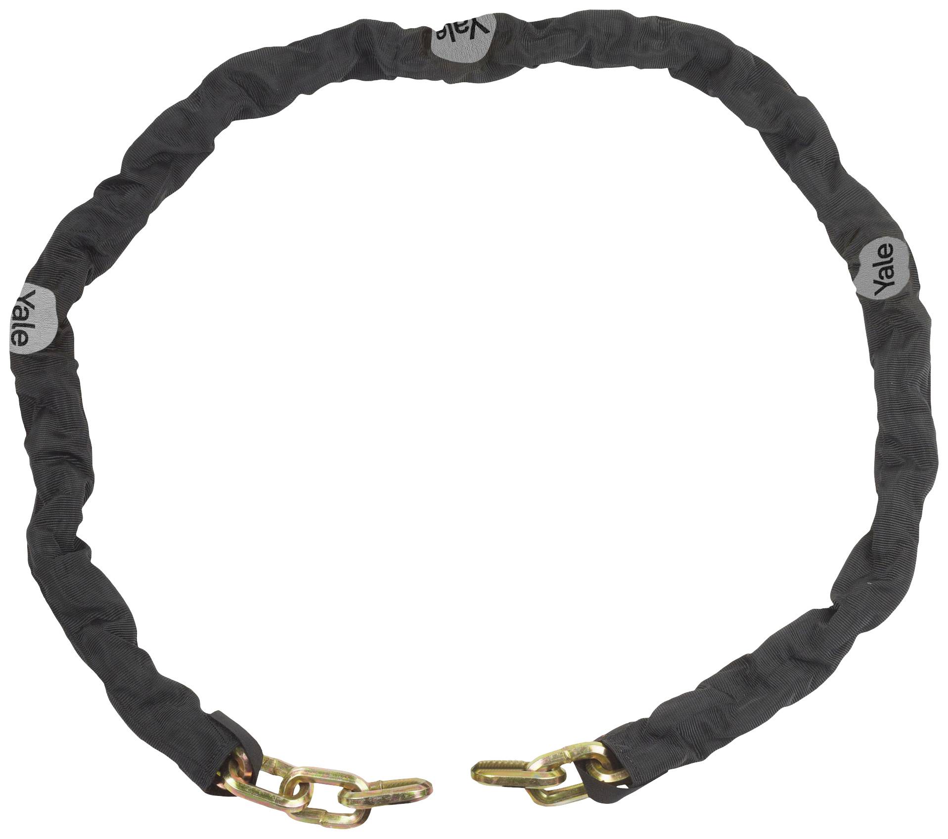 Un cadenas à chaîne de sécurité recouvert de tissu noir, avec deux verrous d'extrémité dorés, adapté pour la sécurisation des vélos.