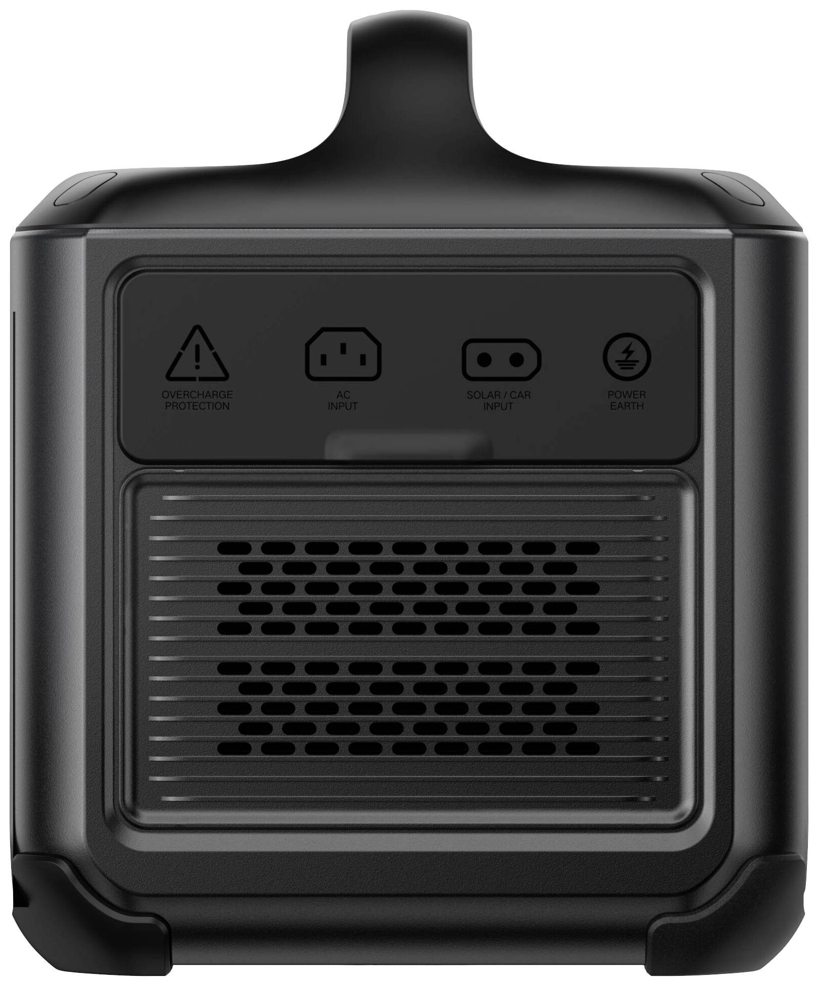 Station d'alimentation noire en forme de cube, vue arrière, équipée de prises électriques, de grilles de ventilation et de symboles indiquant la protection contre les surtensions, les options d'entrée et de charge.