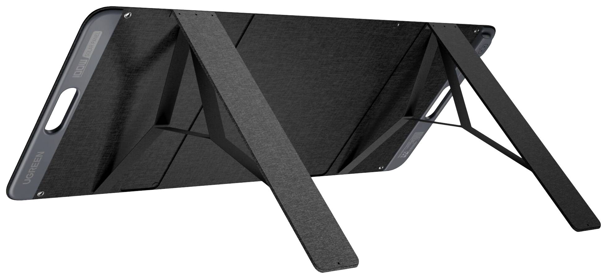 Un appareil électronique portable noir avec deux supports dépliables. Il s'agit probablement d'une tablette ou d'un moniteur.