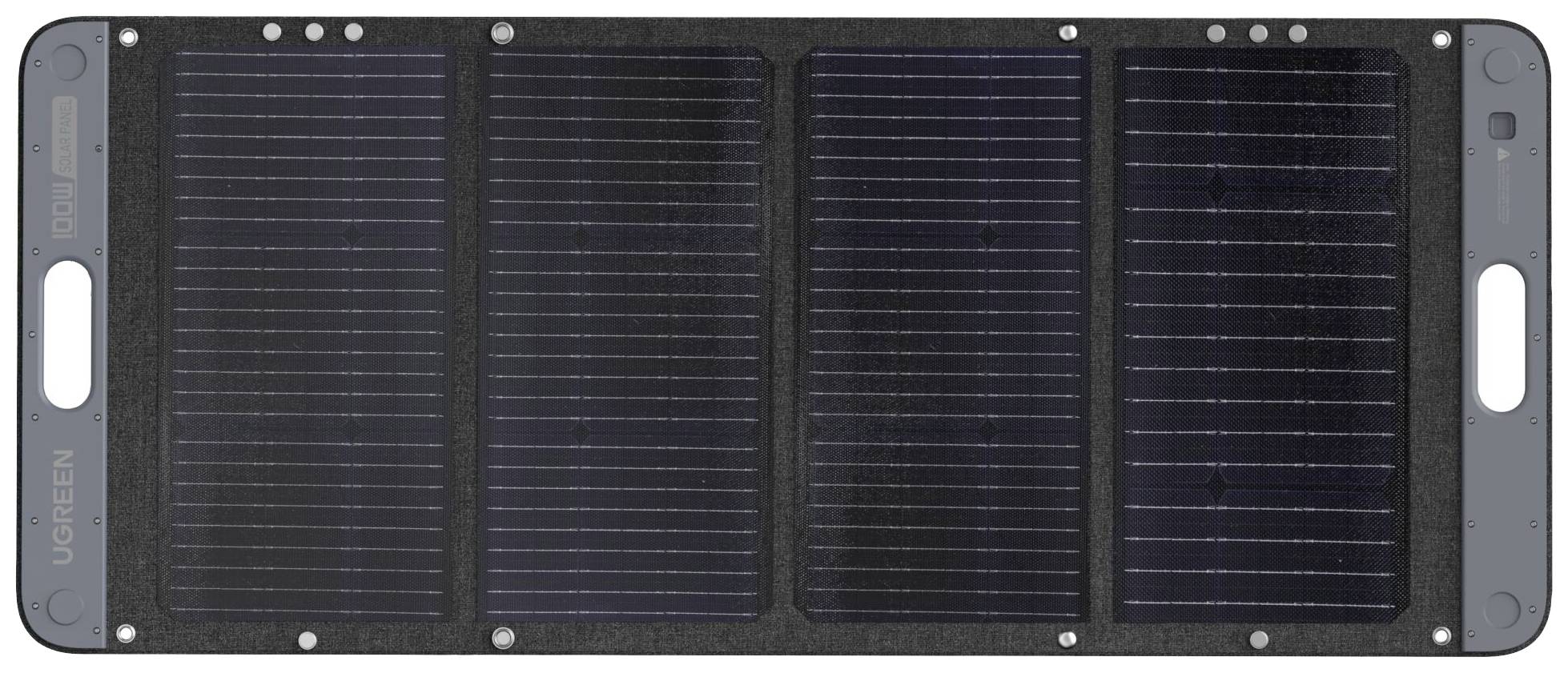 Un panneau solaire portable composé de quatre modules solaires rectangulaires alignés, adapté pour charger des appareils électroniques lors de déplacements.