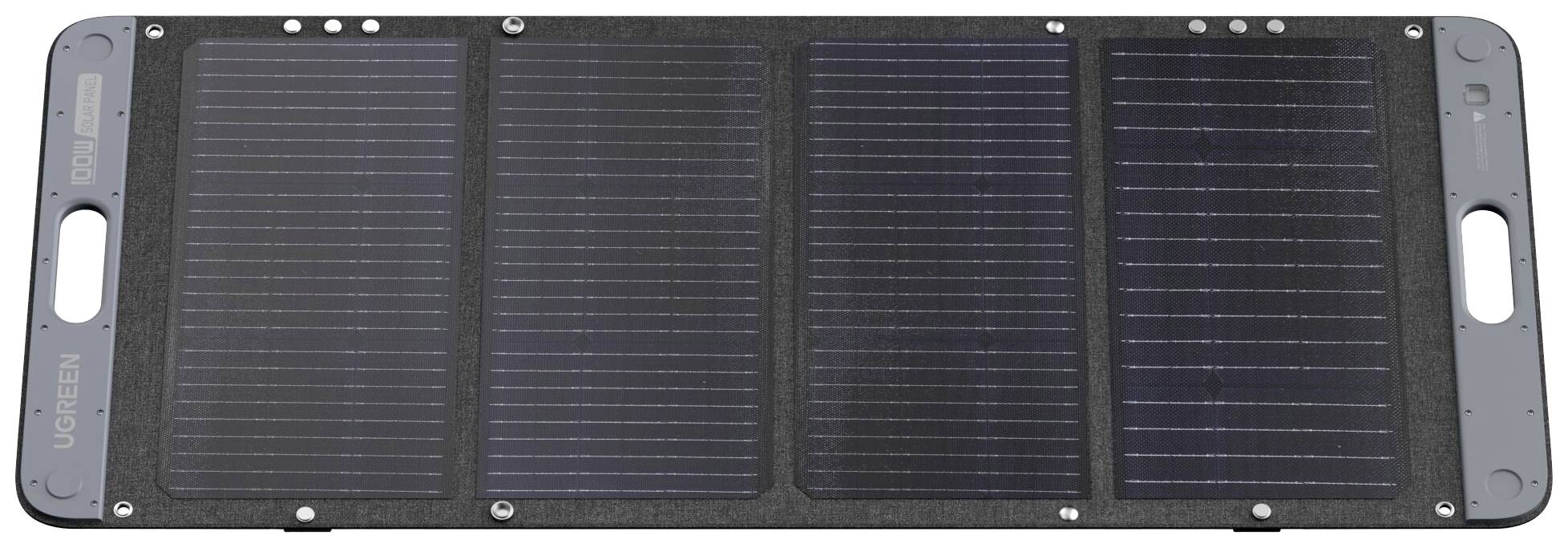 Panneau solaire portable à quatre segments rectangulaires, surface noire et poignées sur les côtés. Idéal pour les déplacements.