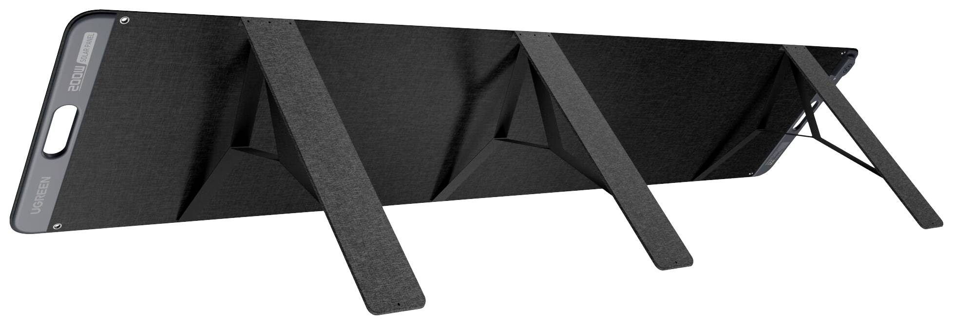 Un panneau solaire pliable avec trois supports dépliables, représenté en biais dans l'image, pour l'utilisation d'énergies renouvelables en extérieur.