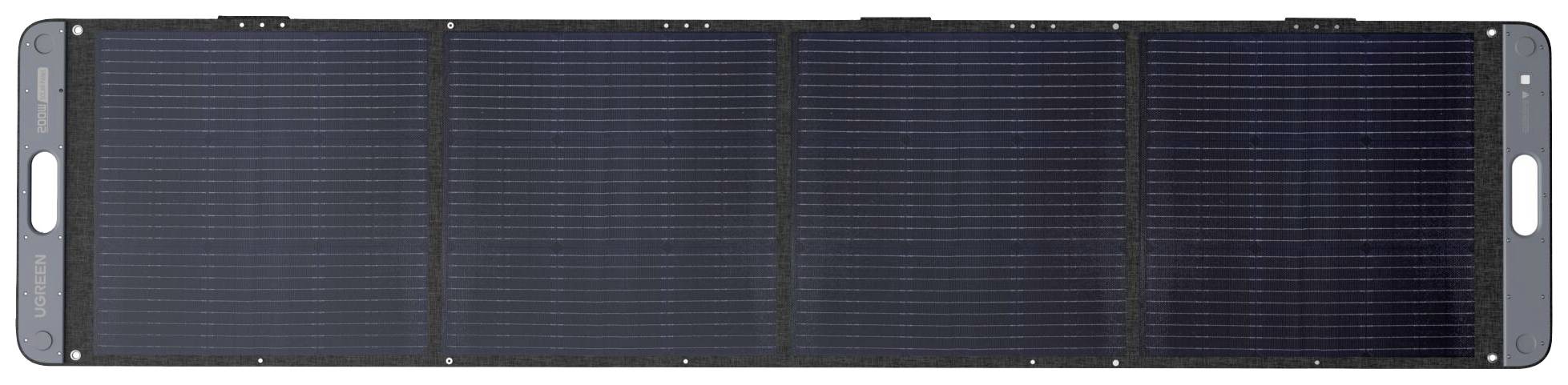 Panneau solaire pliable à quatre sections, adapté aux déplacements ou au camping, permettant de recharger des appareils à l'énergie solaire.