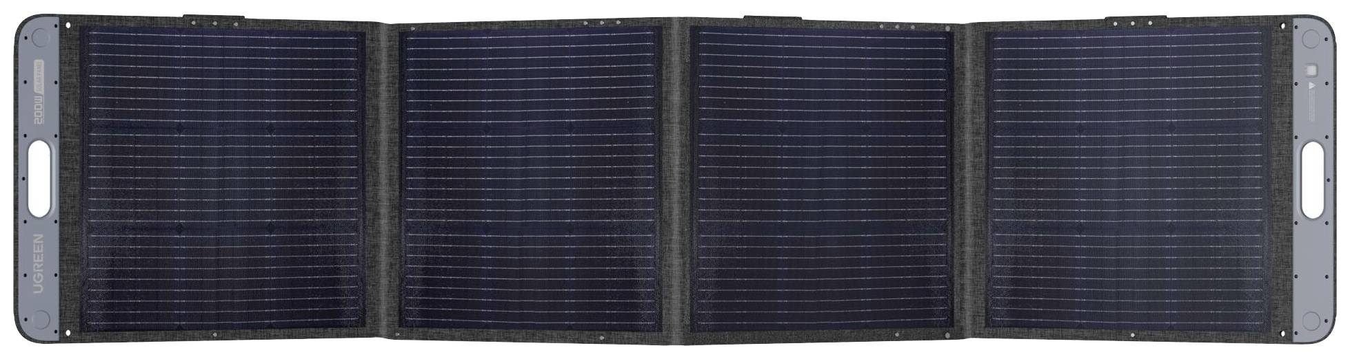 Un panneau solaire pliable composé de quatre parties est représenté déplié. Il dispose de poignées intégrées sur ses bords extérieurs.