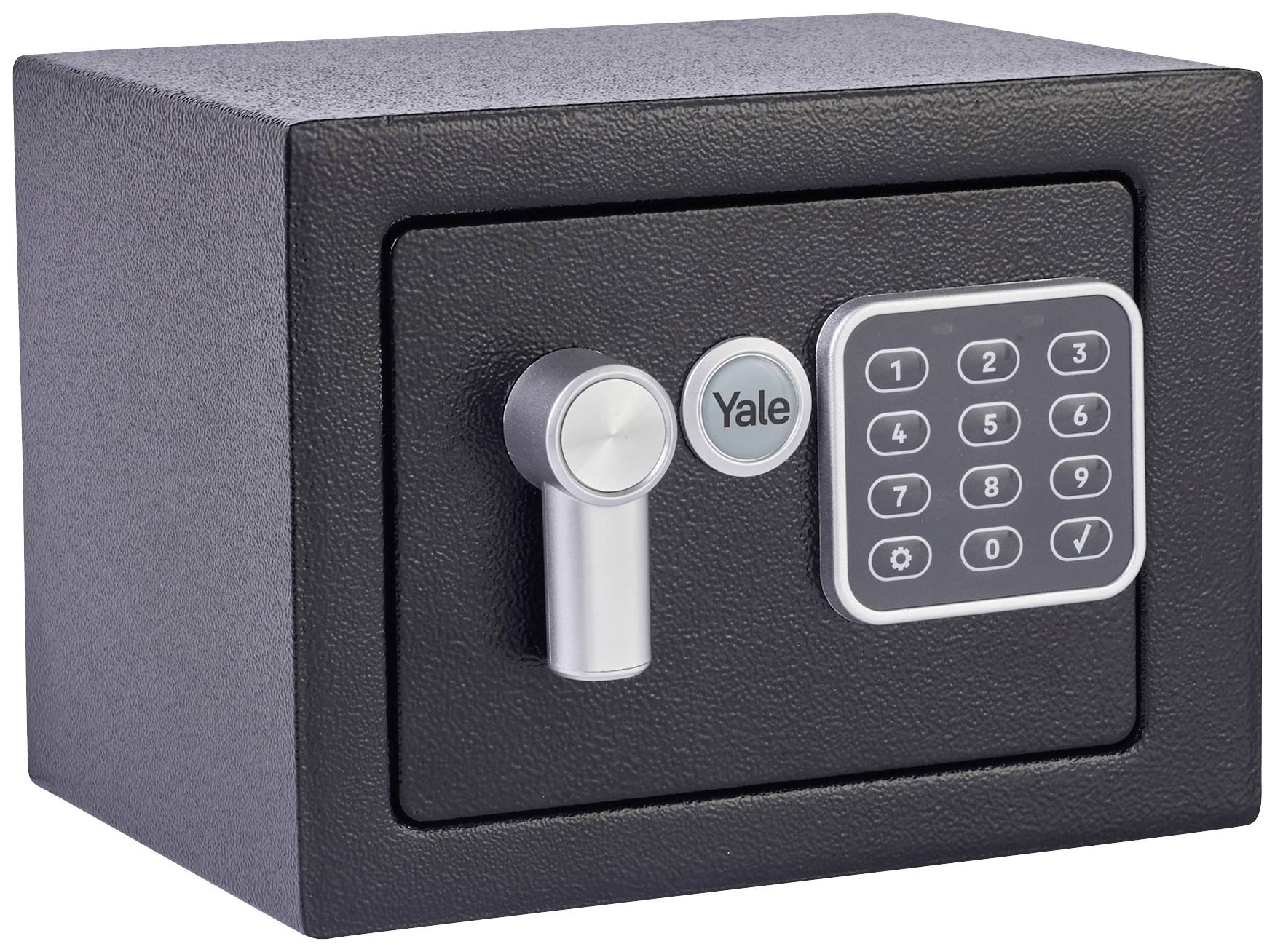 Coffre-fort de sécurité noir avec poignée tournante et clavier électronique, adapté pour la conservation d'objets de valeur.