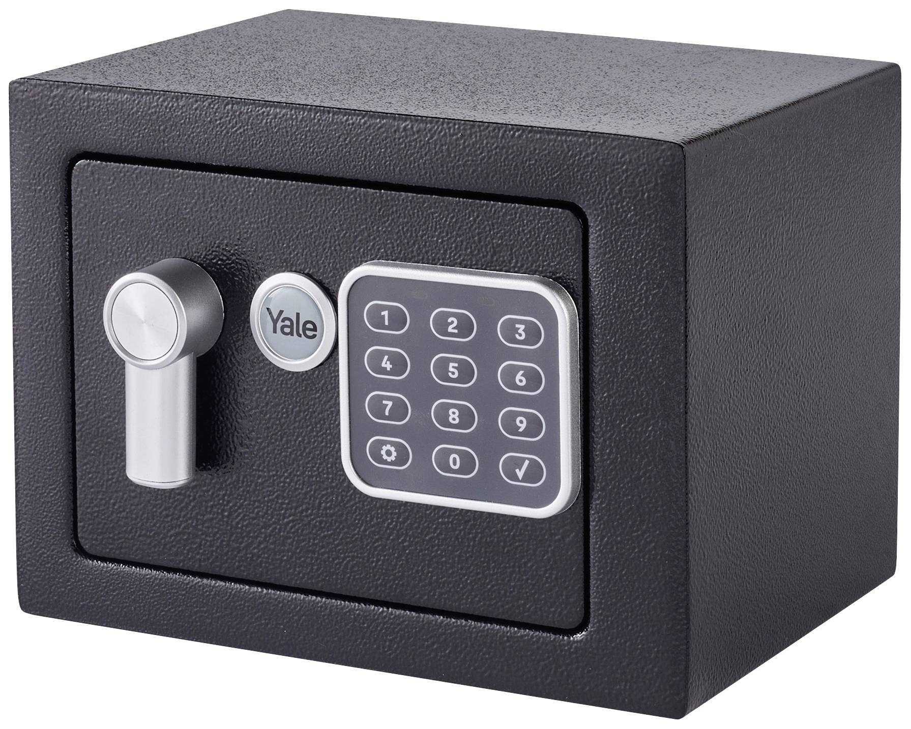 Coffre-fort noir avec bouton tournant et clavier numérique digital. Objectif principal : conservation sécurisée des objets de valeur et des documents.