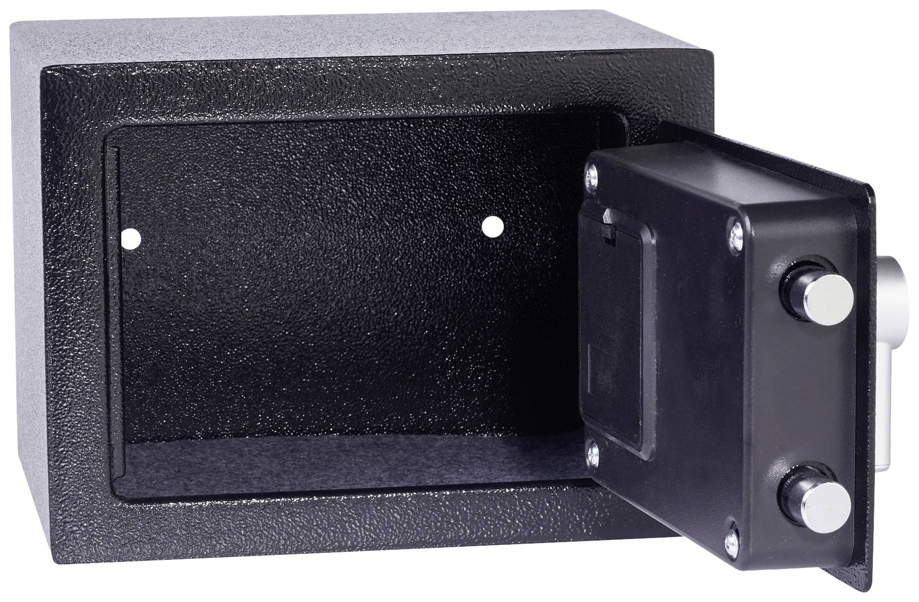 Coffre-fort noir avec porte ouverte, montrant l'intérieur. La porte a deux verrous. Adapté pour le rangement sécurisé d'objets de valeur.