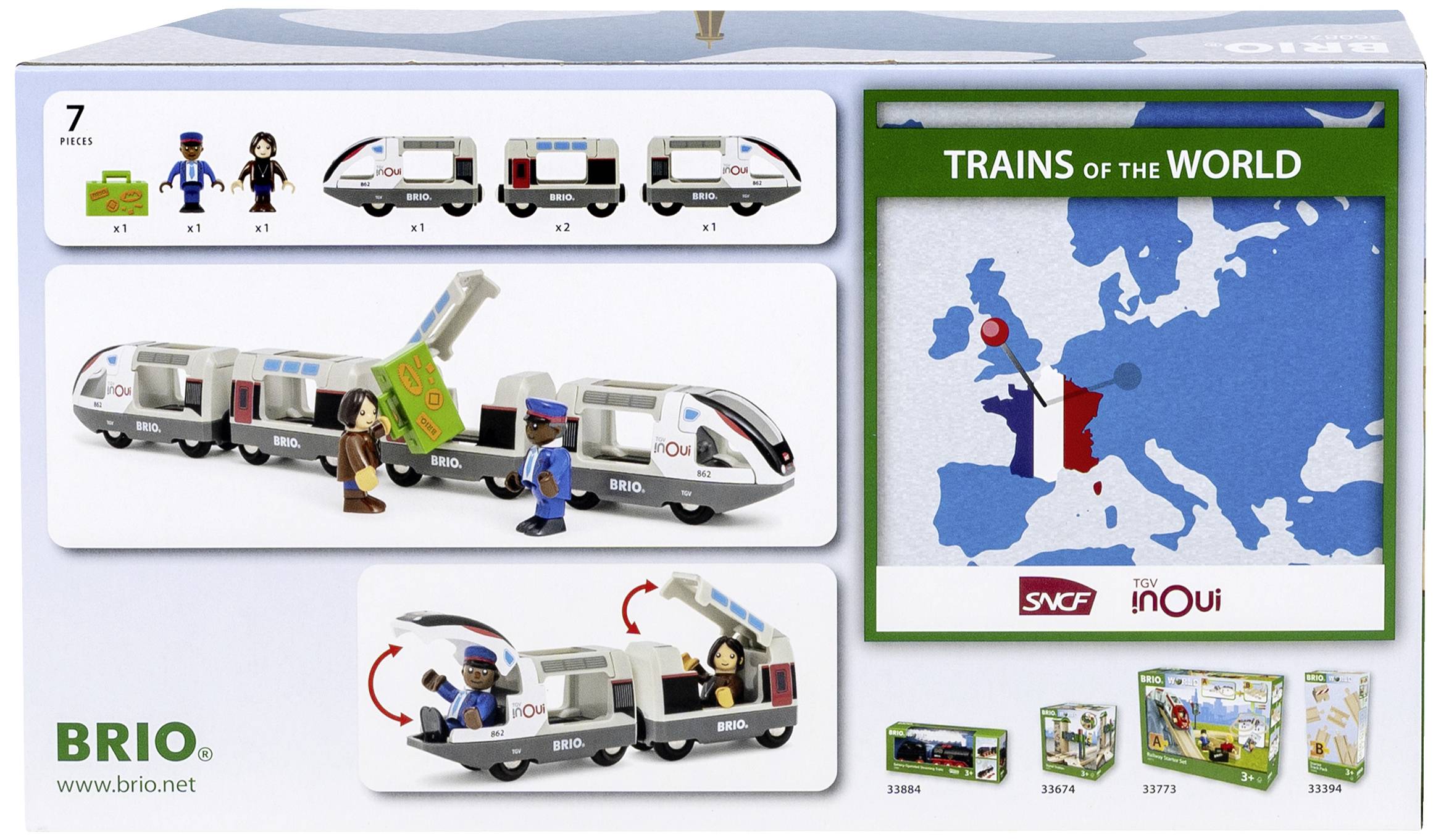 Modèle de train miniature d'un train à grande vitesse avec trois wagons, deux personnages et des bagages. Carte montrant les pays d'Europe, titre 'Trains of the World'.