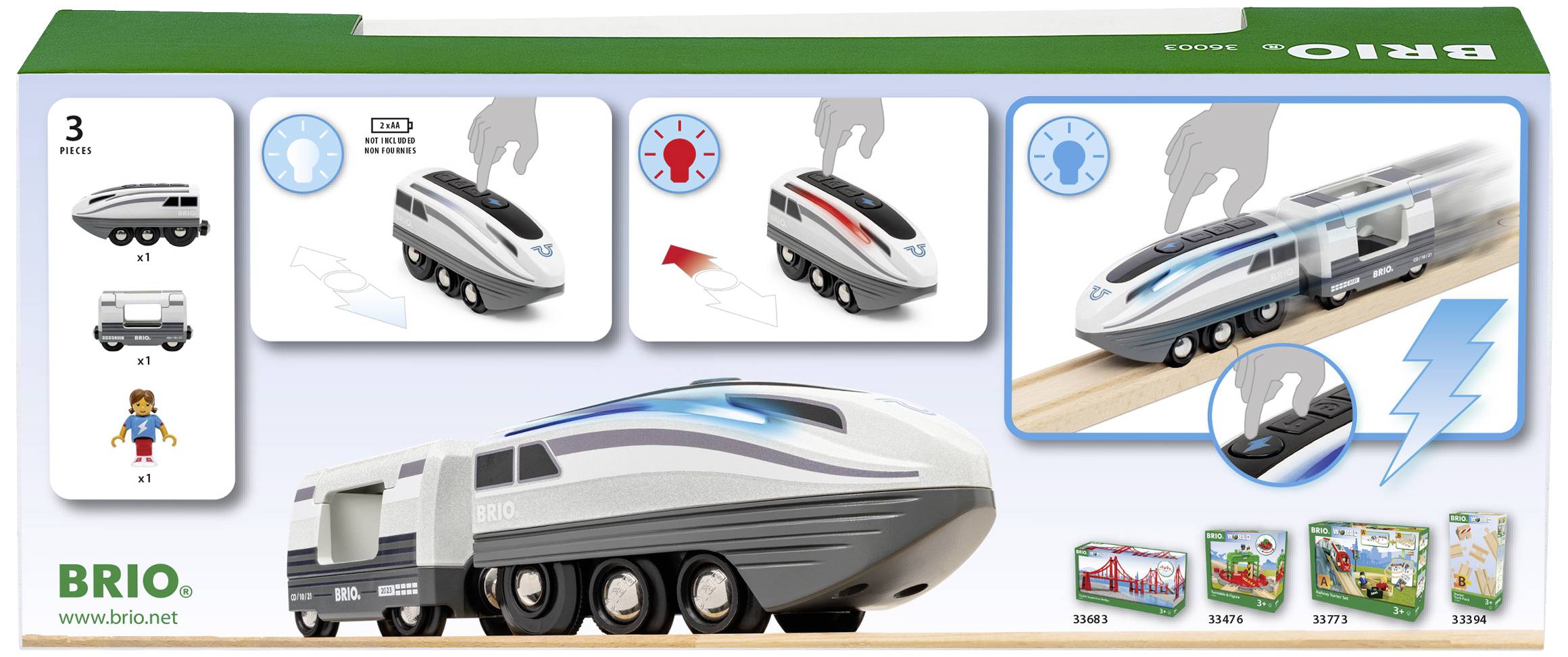 Emballage de train jouet : Contient un train électrique, compatible avec des rails en bois. Montre les détails du train, lumière illuminée et possibilités de connexion.
