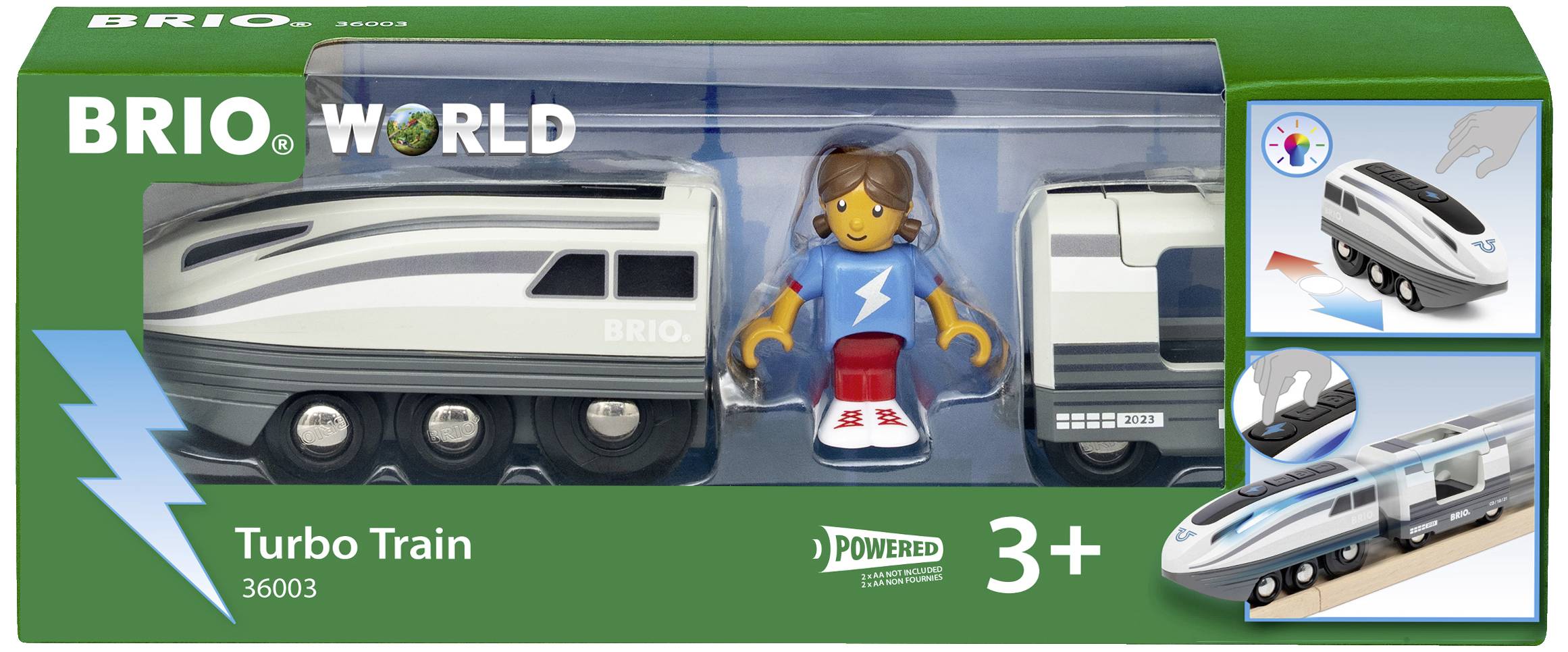 Un emballage de train miniature avec un train gris et une figurine. Convient aux enfants à partir de 3 ans. Marque : Brio.