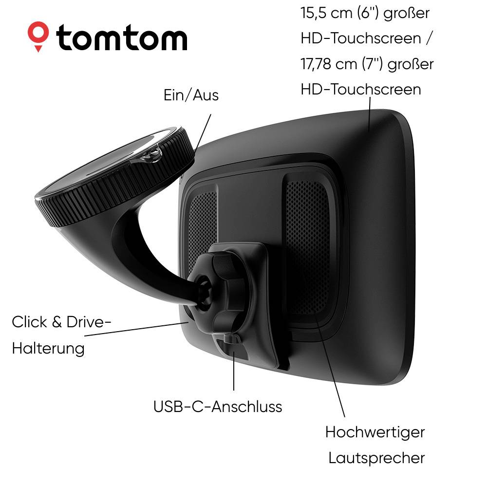 Un appareil de navigation TomTom avec écran tactile HD, support Click & Drive, port USB-C, haut-parleur de haute qualité, interrupteur marche/arrêt.