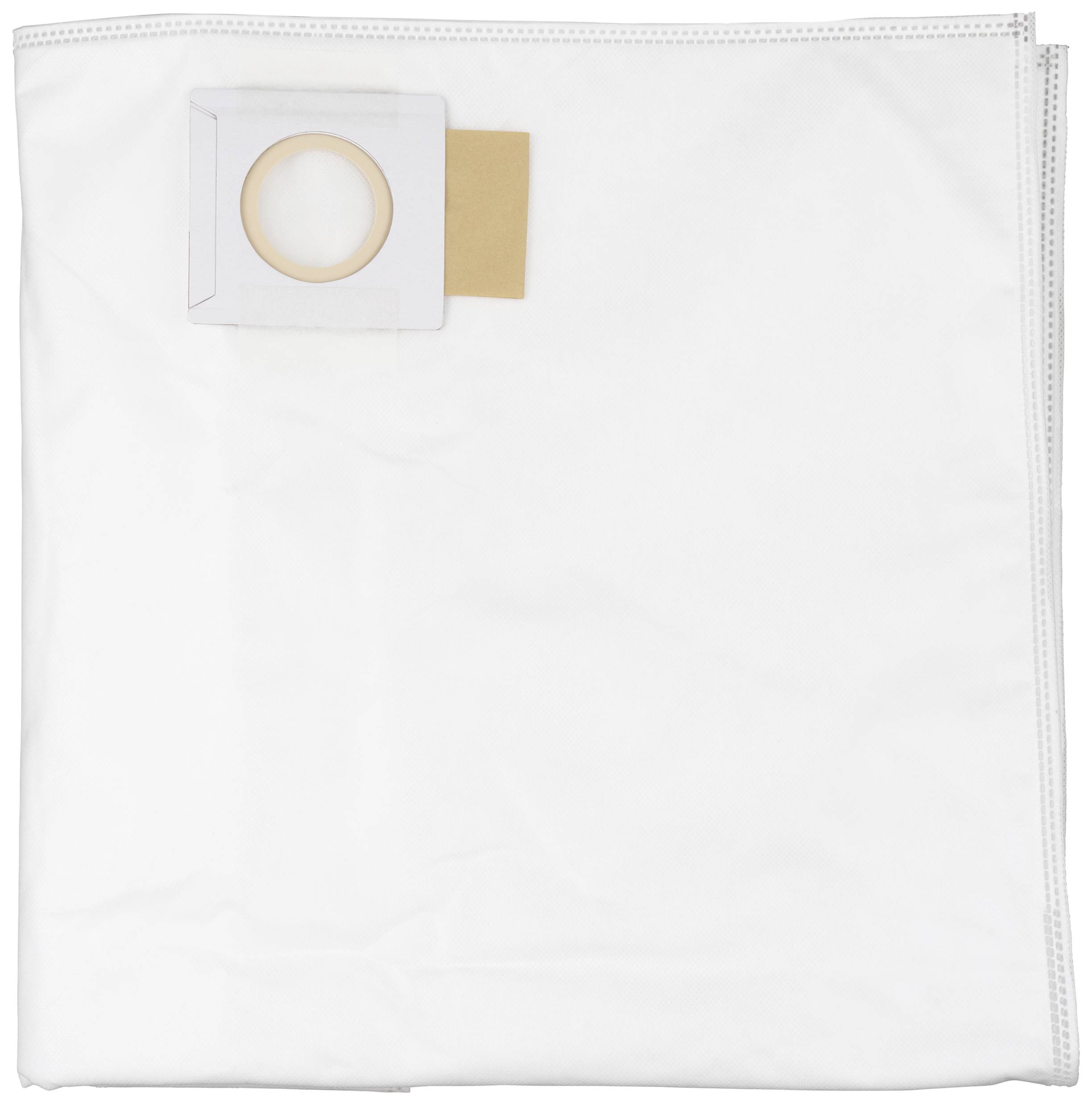 Sac d'aspirateur en matériau blanc avec un trou de raccordement rond dans le coin supérieur gauche.