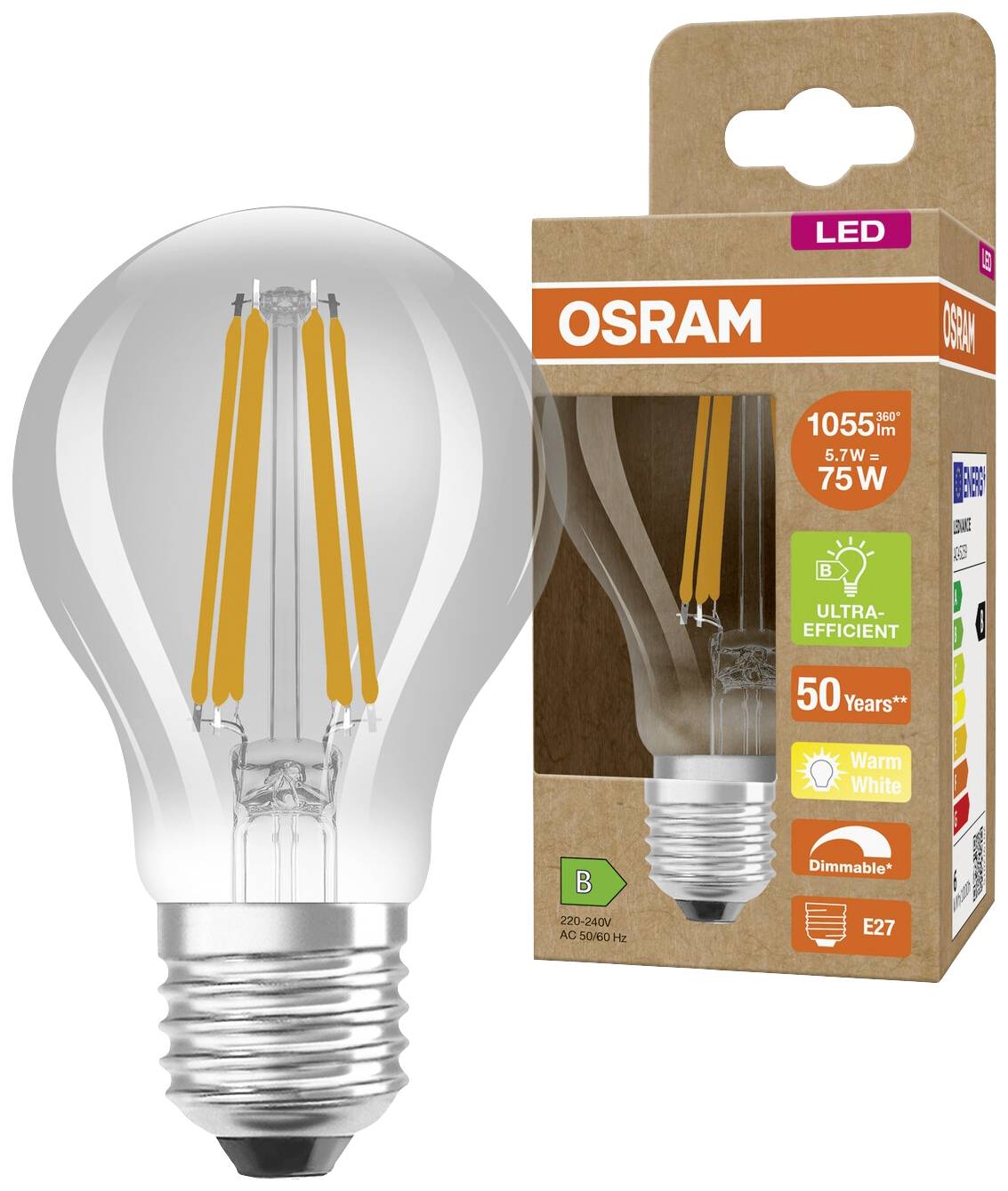 Ampoule LED OSRAM, 1055 lumens, équivalent 75 watts, classe d'efficacité énergétique B, blanc chaud, dimmable, culot E27, emballage présentant les détails du produit.