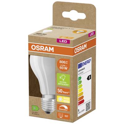 Lampe LED Osram en emballage, 806 lm, 4,3 W remplaçant 60 W, culot E27, blanc chaud, dimmable, classe d'efficacité énergétique B.