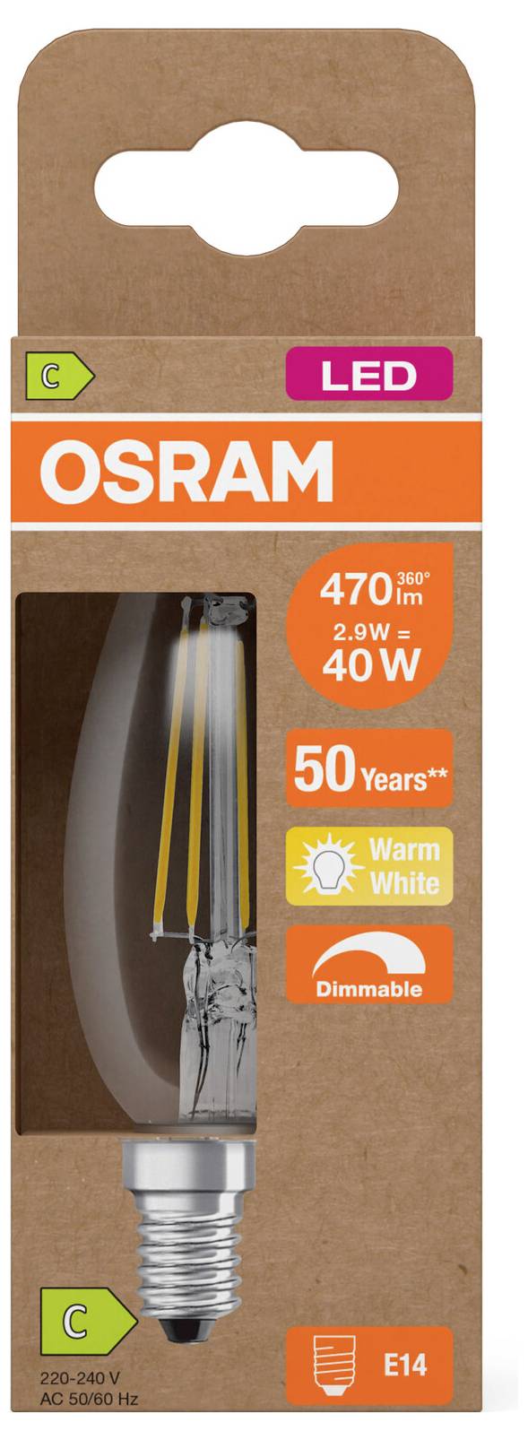 Ampoule LED OSRAM, 4W, blanc chaud, gradable, douille E14, classe énergétique C, avec 470 lm et image de l'ampoule.