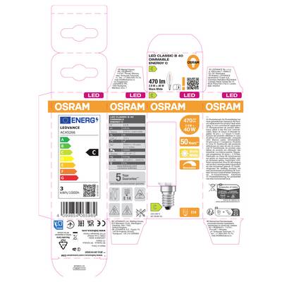 Emballage d'ampoule LED OSRAM avec étiquette énergétique, 470 lm, 4 W, culot E14, durée de vie de 50 000 heures, et panneaux d'informations produit.