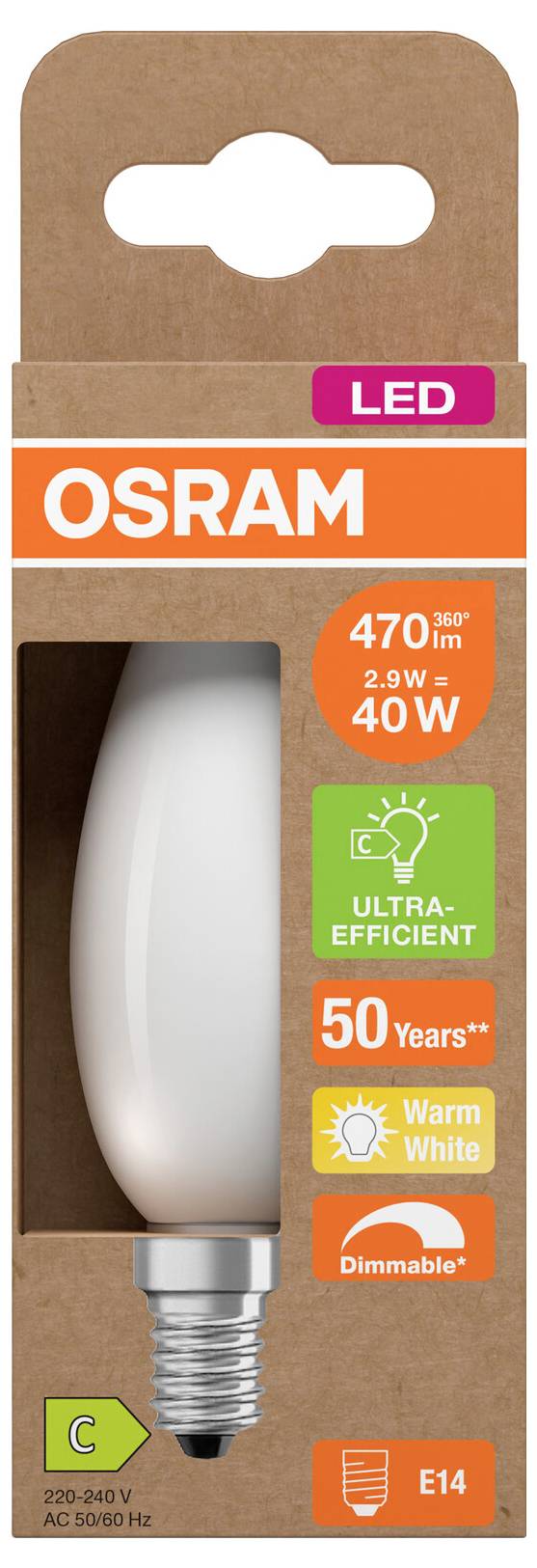 Emballage d'ampoule LED OSRAM présentant une ampoule E14 blanc chaud, graduable, équivalent 40W, ultra-efficace, classe énergétique C.