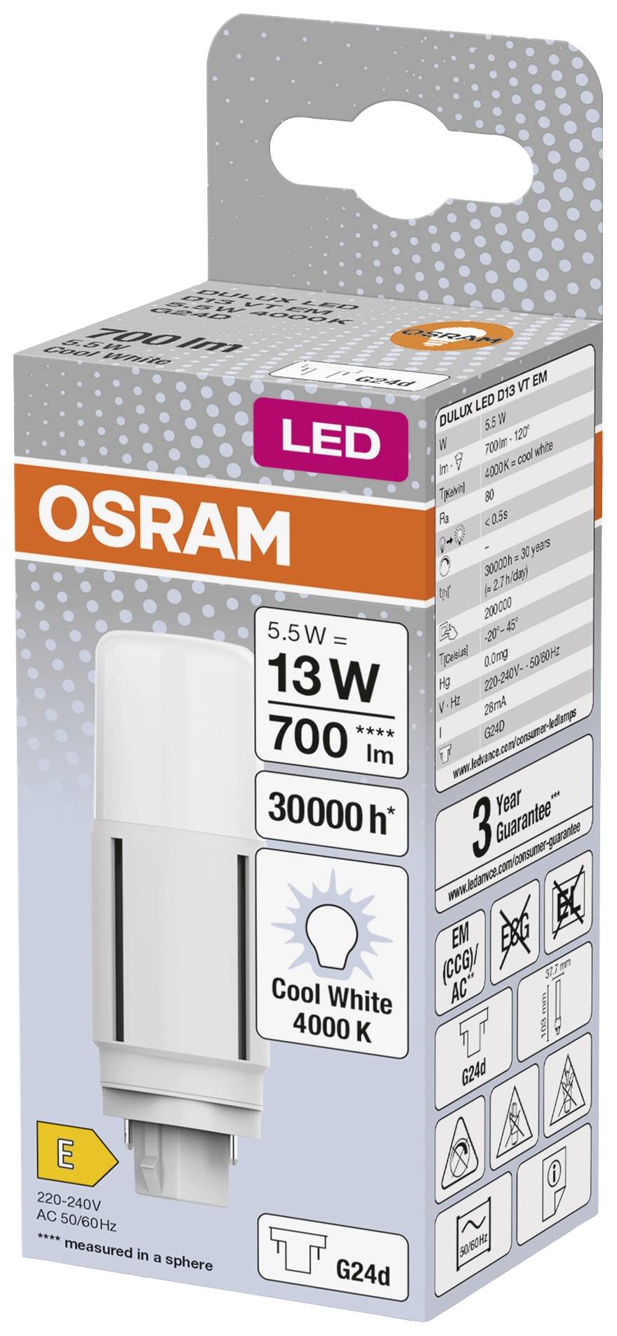 Emballage d'ampoule LED Osram. Spécifications incluant 700 lumens, 13 watts, durée de vie de 30 000 heures et 4000 Kelvin.