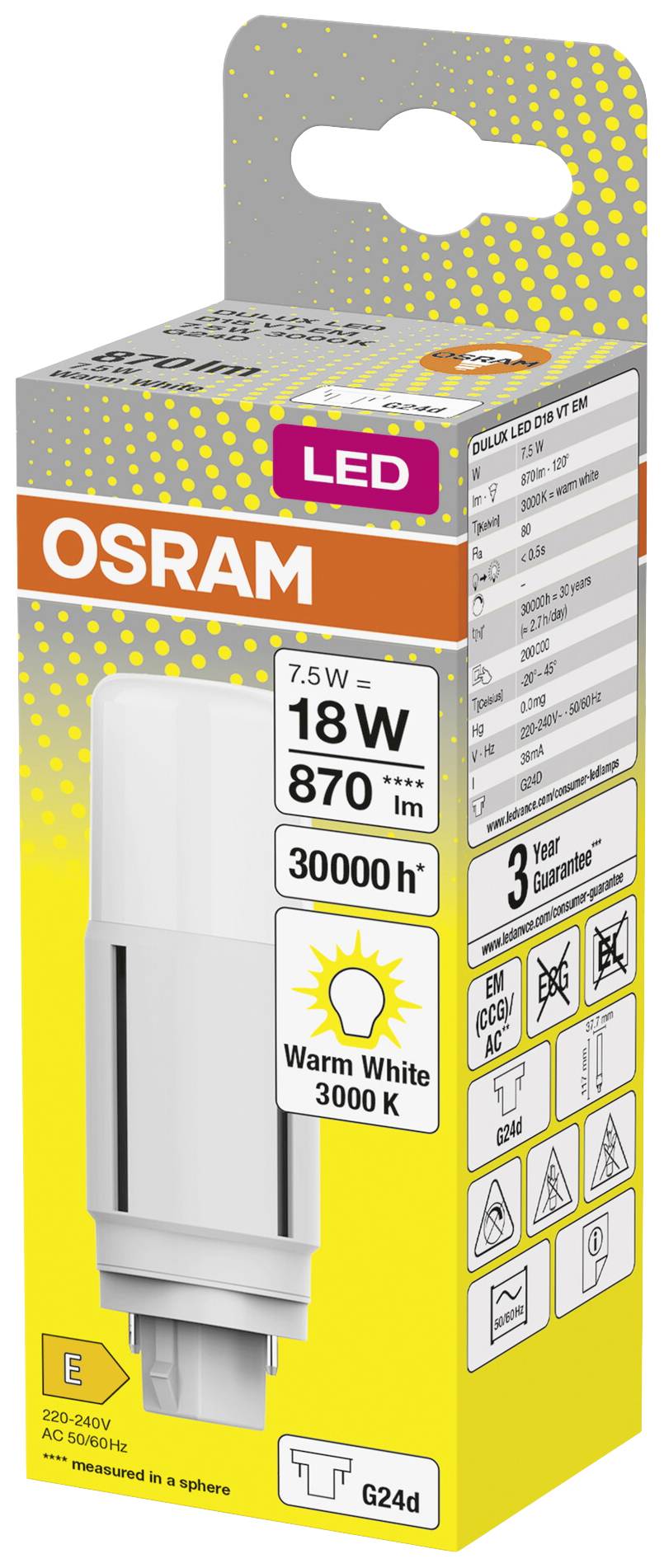 Lampe LED OSRAM, 7,5W-18W, 870 lumens, 3000K blanc chaud, durée de vie de 30 000 heures. L'emballage indique la classe d'efficacité énergétique E.