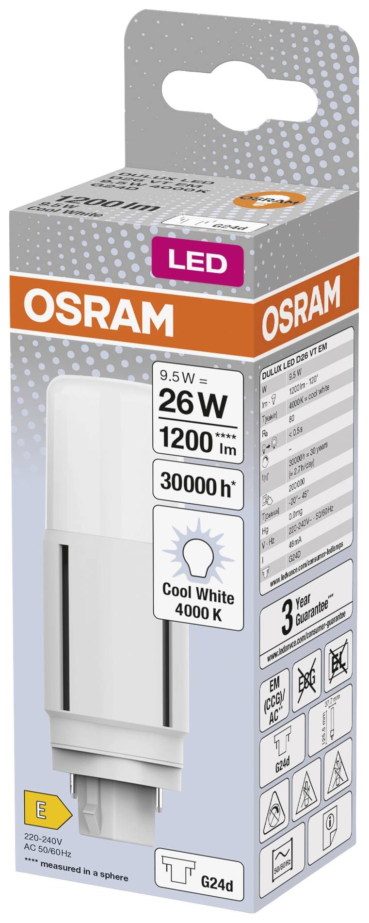 L'emballage présente une lampe LED OSRAM de 9,5 watts, 1200 lumens, lumière "Blanc Froid" à 4000 Kelvin et d'une durée de vie de 30 000 heures.