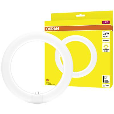 Une lampe fluorescente LED circulaire OSRAM devant un emballage jaune. 22W, 1200lm, durée de vie 30 000 heures, blanc chaud 3000K.