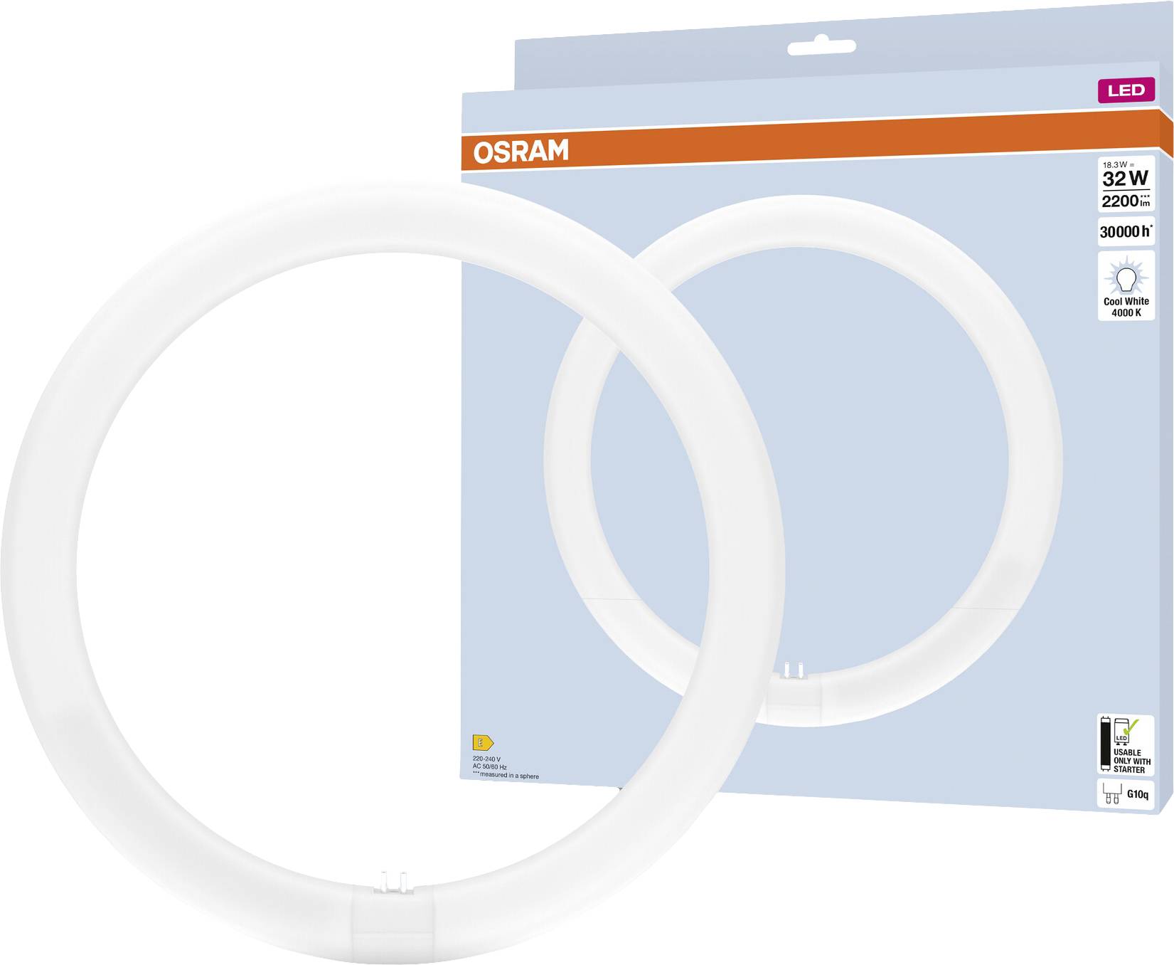 Osram LED annulaire, 32 W, 2200 lm, 3000 K, présenté sur l'emballage. Idéal pour les espaces de vie et de travail.