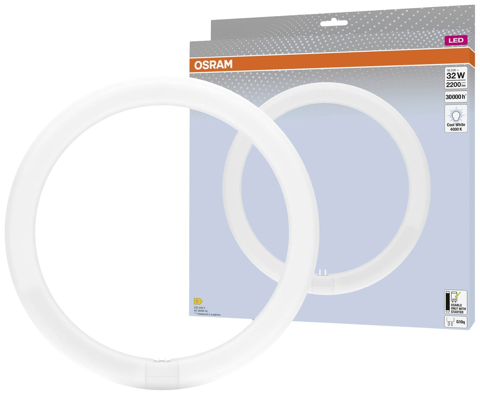 Une lampe fluorescente LED annulaire OSRAM de 32 watts, 2200 lumens, d'une durée de vie de 3000 heures, représentée dans et devant son emballage.