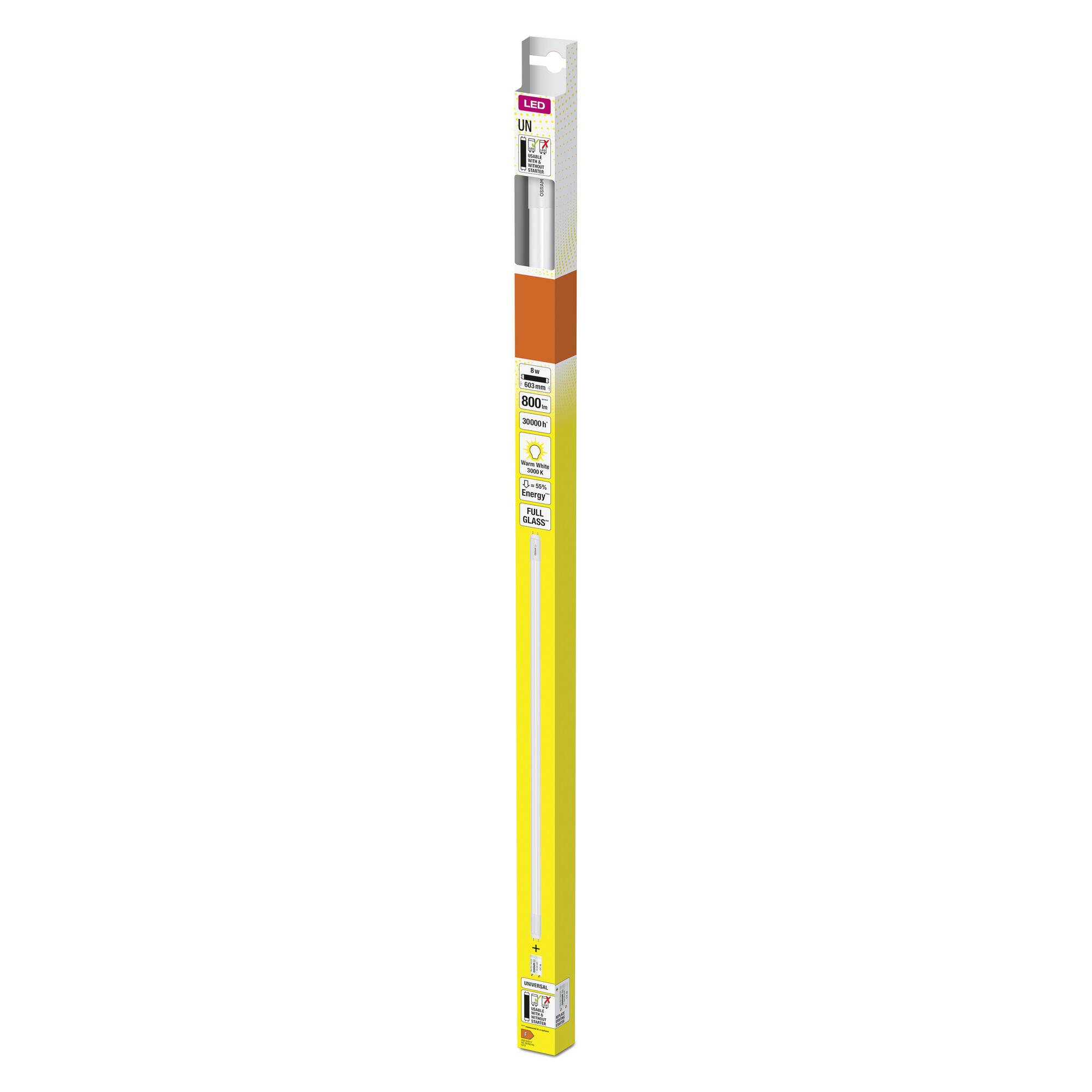 Tube fluorescent UV individuel dans un emballage jaune, adapté pour 36 watts et 120 centimètres de long.