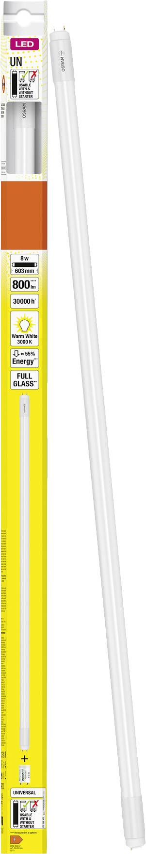 Une lampe LED tube fluorescent de la marque 'Sylvania' de 20 watts et 6500K, présentée dans son emballage. Adaptée pour les garages et les caves.