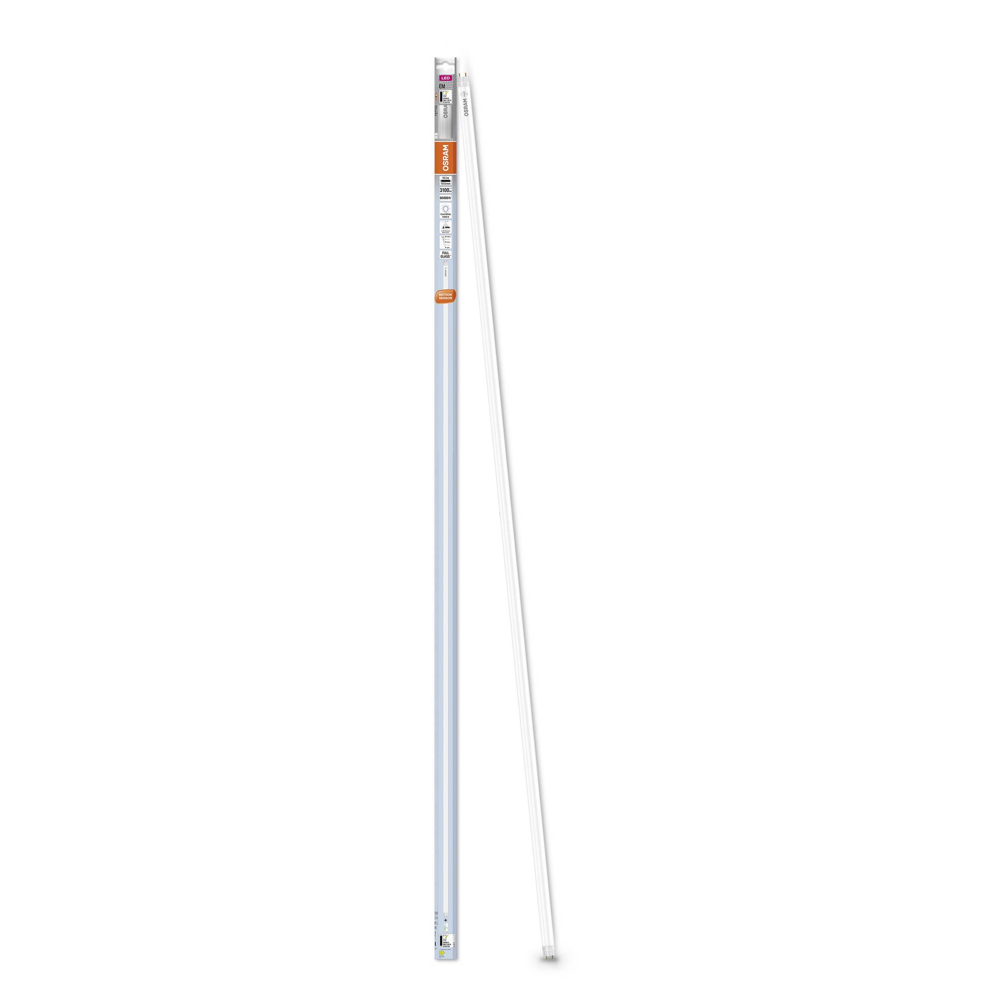 Tube LED Osram, 10 watts, 6500 Kelvin, blanc froid, convenant aux ballasts électroniques. Classe d'efficacité énergétique A+.