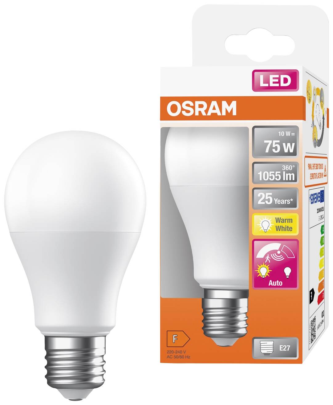Une ampoule LED OSRAM, 10W, équivalent 75W, 1055 lumens, blanc chaud, durée de vie de 25 ans, classe d'efficacité énergétique F, culot E27. L'emballage présente les caractéristiques.