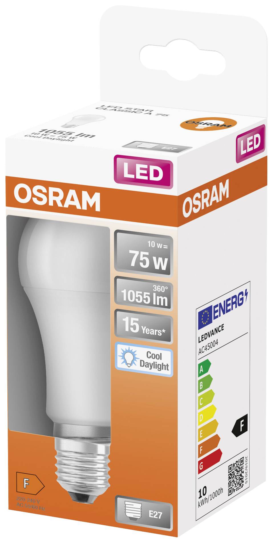 'Ampoule LED 10W, remplace 75W, 1055 lumens, durée de vie 15 ans. Température de couleur Lumière du jour froide. Classe d'efficacité énergétique F.'