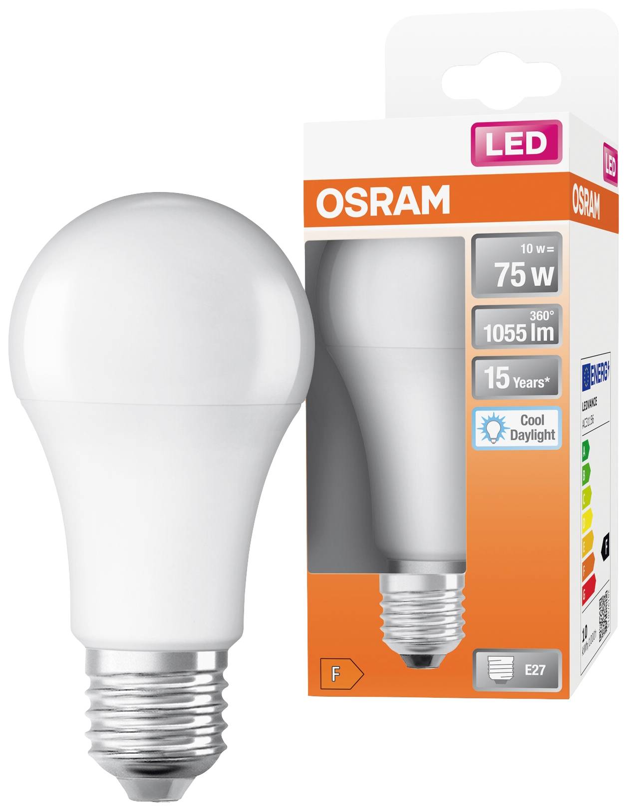 Ampoule LED OSRAM, 75 W, 1055 lm, lumière du jour, classe d'efficacité énergétique F, culot E27, durée de vie de 15 ans. L'emballage présente les spécifications.