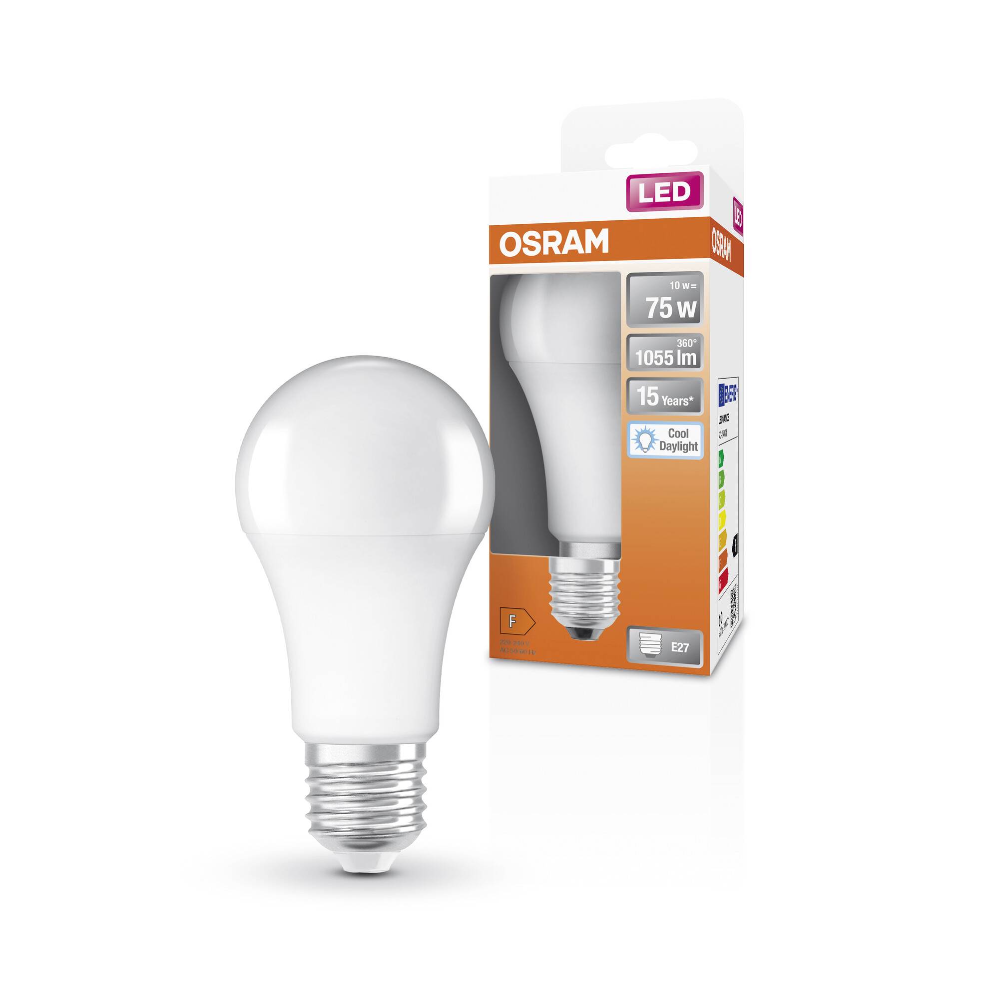 Illustration d'une ampoule LED Osram à culot E27, équivalent 75W, 1055 lumens, durée de vie de 15 ans, lumière blanc froid. Emballage à côté.