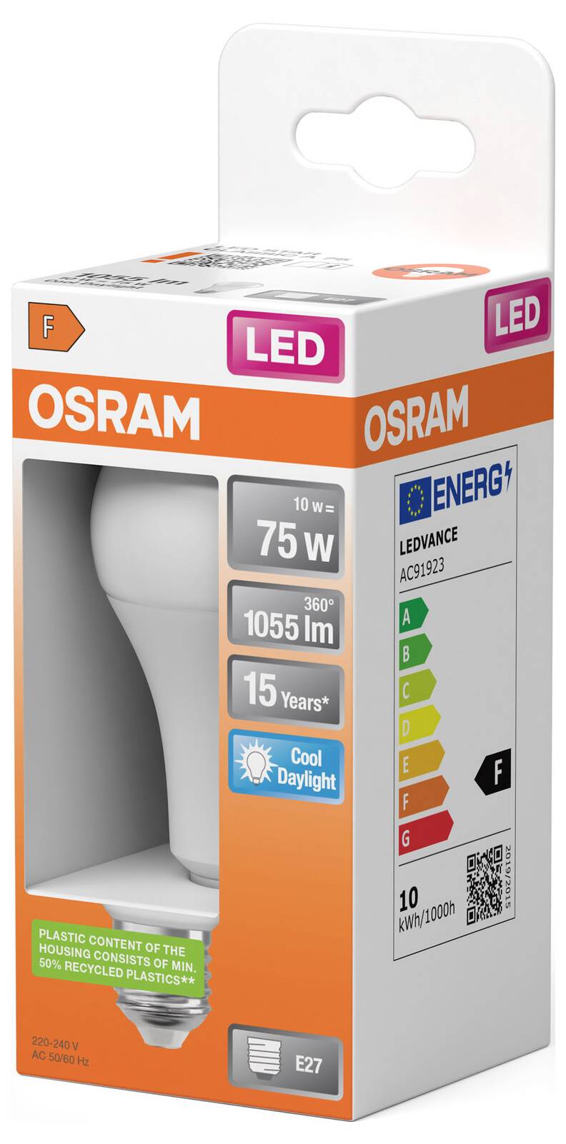 Emballage d'ampoule LED OSRAM affichant une ampoule blanc daylight froid équivalente à 75W, 1055 lm avec culot E27 et une durée de vie de 15 ans.