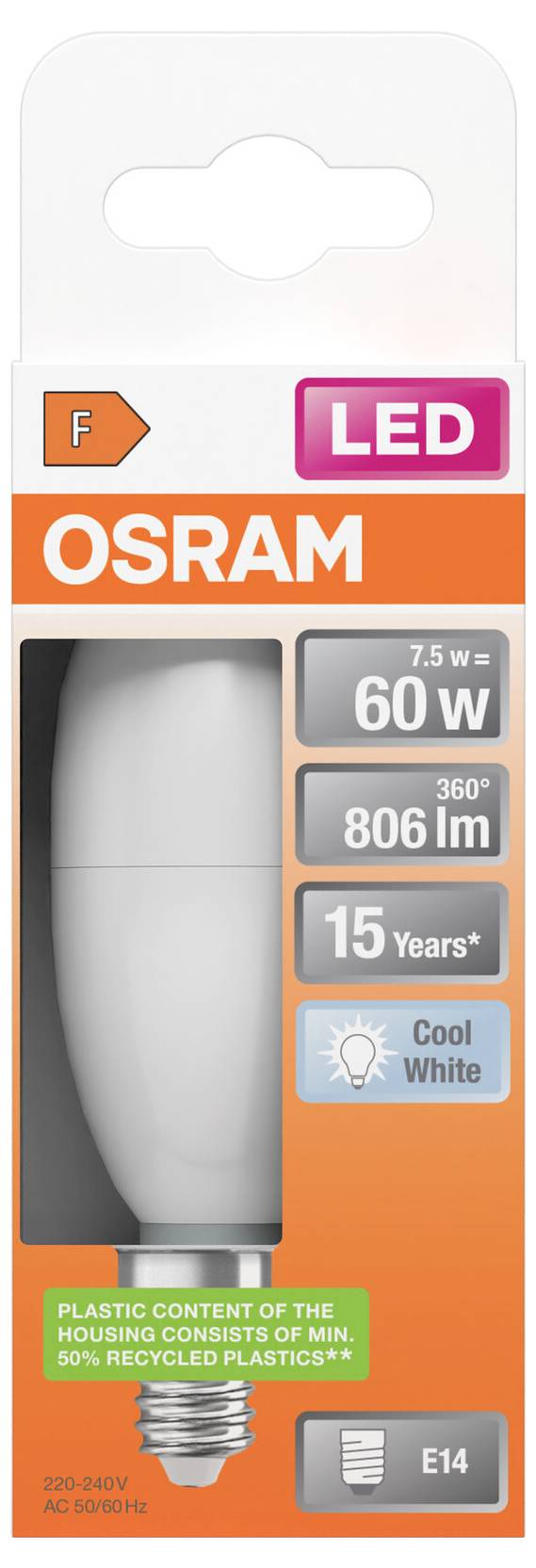 Emballage d'ampoule LED OSRAM, montrant un remplacement de 7,5 W 60 W, 806 lm, durée de vie de 15 ans, blanc froid, culot E14.
