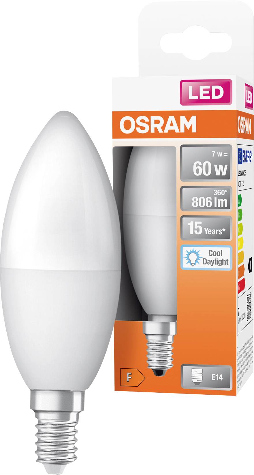 Ampoule bougie LED OSRAM en blanc avec emballage, étiquetée équivalent 60W, 800 lm, 15 ans, Lumière du jour froide, culot E14.