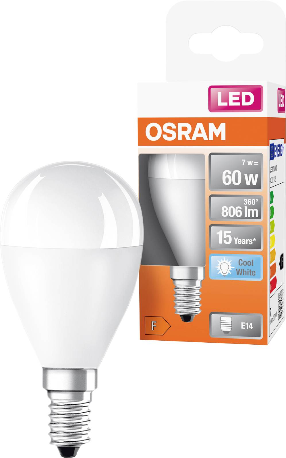 Ampoule LED OSRAM emballage et ampoule, étiquetée 7 W, équivalent 60 W, 806 lm, 15 ans, Blanc Froid, culot E14.
