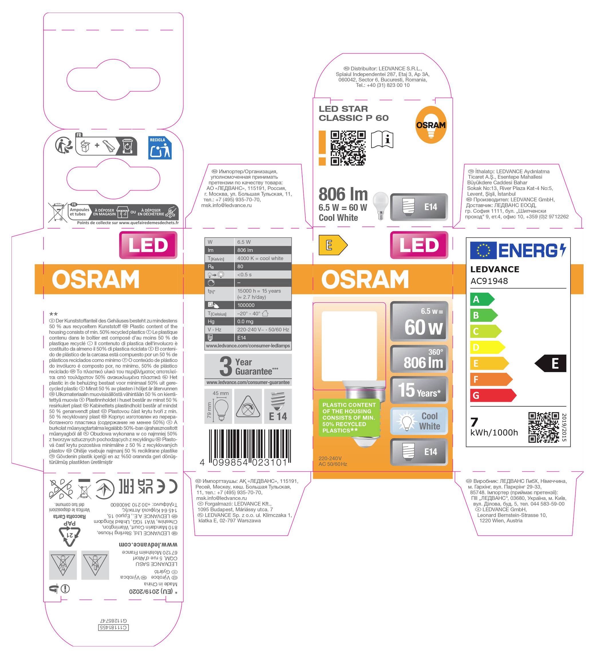 Gabarits de découpe pour boîtes d'ampoules LED OSRAM, affichant des étiquettes avec « LED », « 60W », « 806 lm », « E14 », « Blanc froid », classe énergétique E et un code QR.