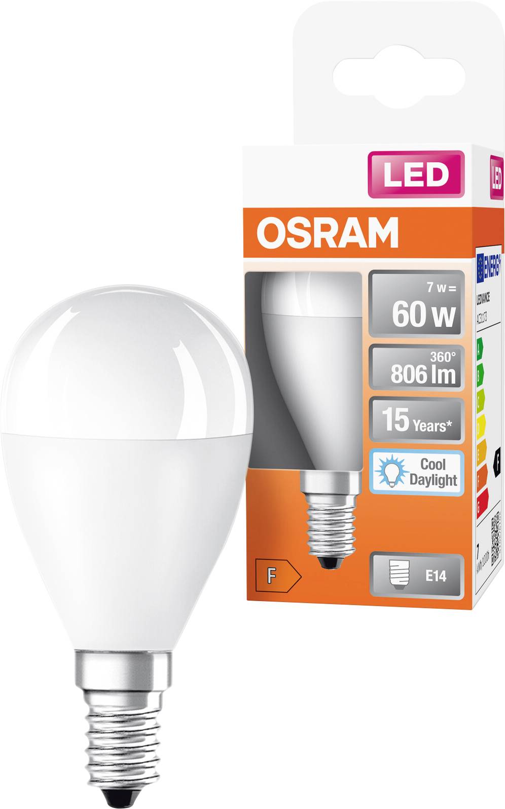 Ampoule LED OSRAM avec culot E14 présentée à côté de sa boîte de vente au détail orange et blanche, étiquetée 7 W, 60 W, 806 lm, 15 ans, Lumière du jour froide.