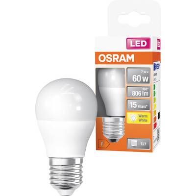 Ampoule LED OSRAM et sa boîte de vente au détail, étiquetée 7W, équivalent 60W, 806 lm, blanc chaud, E27, et 15 ans.