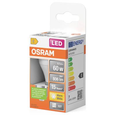 Boîte d'ampoule LED OSRAM, étiquetée 6,5W, équivalent 60W, 806 lumens, blanc chaud, 15 ans, classe énergétique E.