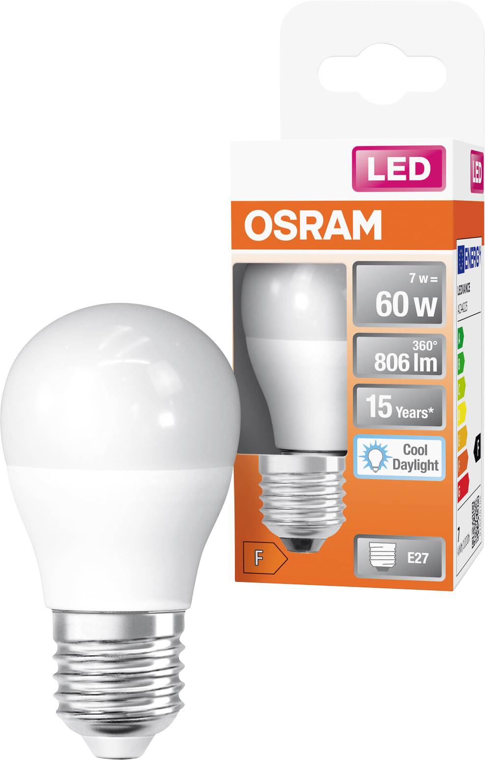 Ampoule LED OSRAM avec emballage affichant 7W, équivalent 60W, 806 lm, culot E27, et lumière blanche froide.