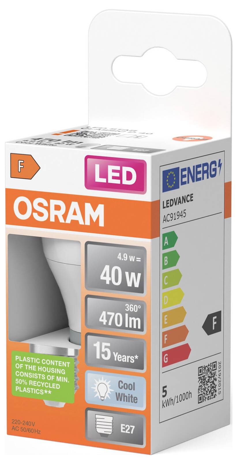 Emballage d'ampoule LED OSRAM, affichant 4,9W, équivalent 40W, 470 lm, blanc froid, culot E27, et indice énergétique F.