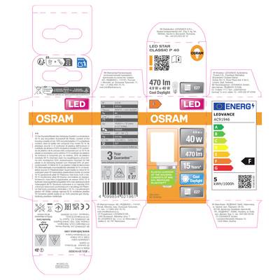 Collage de conceptions d'emballages d'ampoules LED OSRAM, y compris les étiquettes énergétiques Classic P 40 et LEDVANCE, affichant la base E27, 470 lm, 4,9 W, équivalent 40 W et une durée de vie de 15 000 heures.
