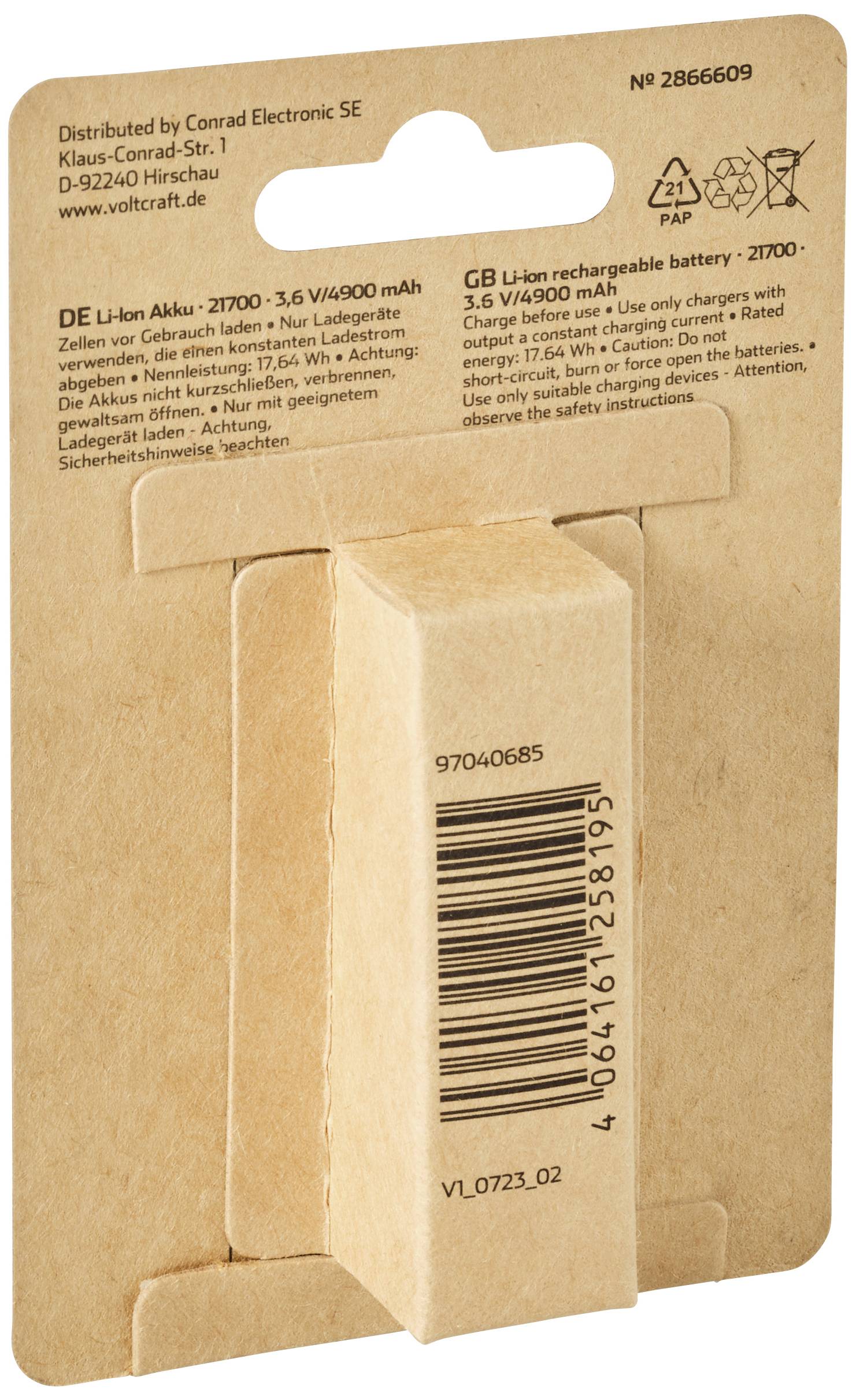 'Emballage d'une batterie Li-Ion, 3,6V/4900mAh, de Conrad Electronic SE. Contient des consignes de sécurité et de charge ainsi que l'adresse du fabricant.'
