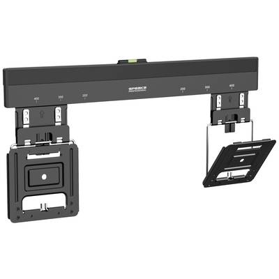 Support mural TV flexible en noir, adapté aux écrans plats de différentes tailles. Comprend une échelle et un niveau à bulle intégré.