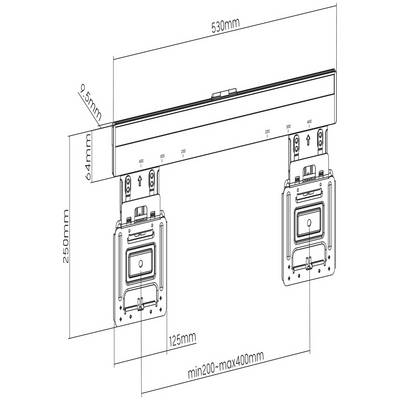 Dessin technique d'un support mural avec deux éléments de fixation, dimensions : largeur totale 530 mm, largeur minimale 200 mm, largeur maximale 400 mm.