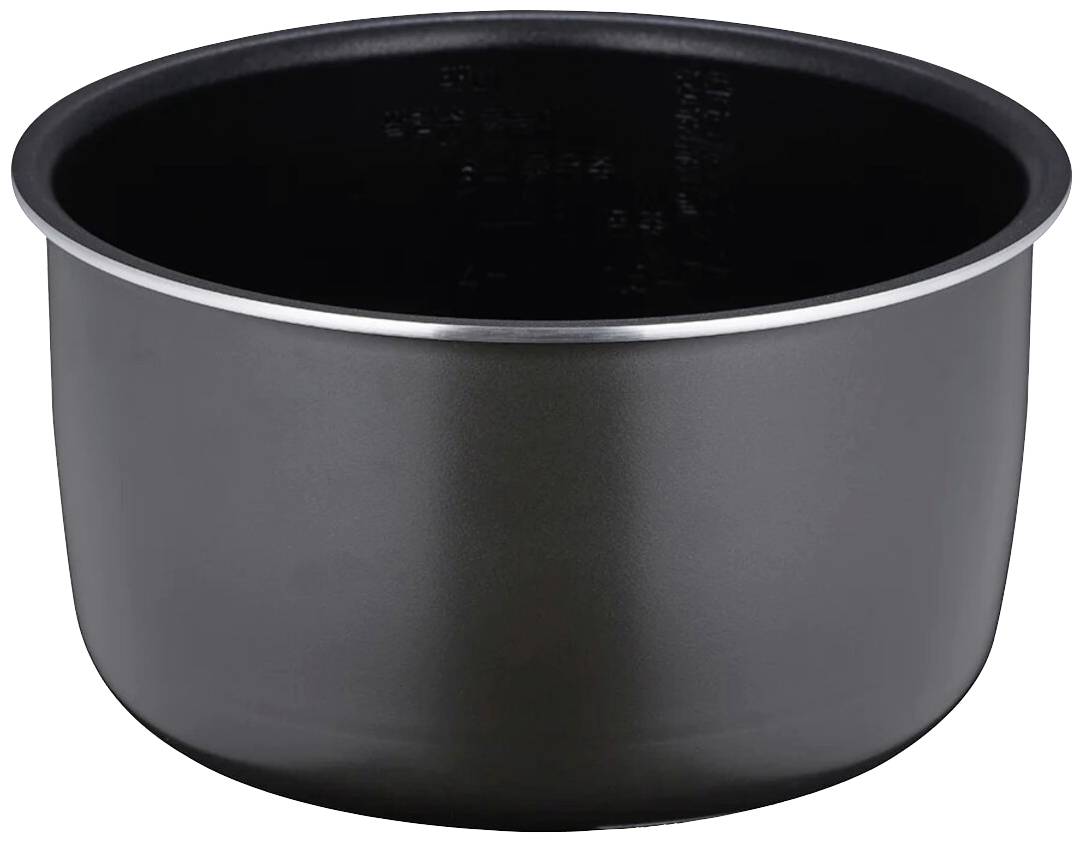 Un pot rond et noir en métal, probablement un insert pour un cuiseur à riz ou un multicuiseur, est debout.